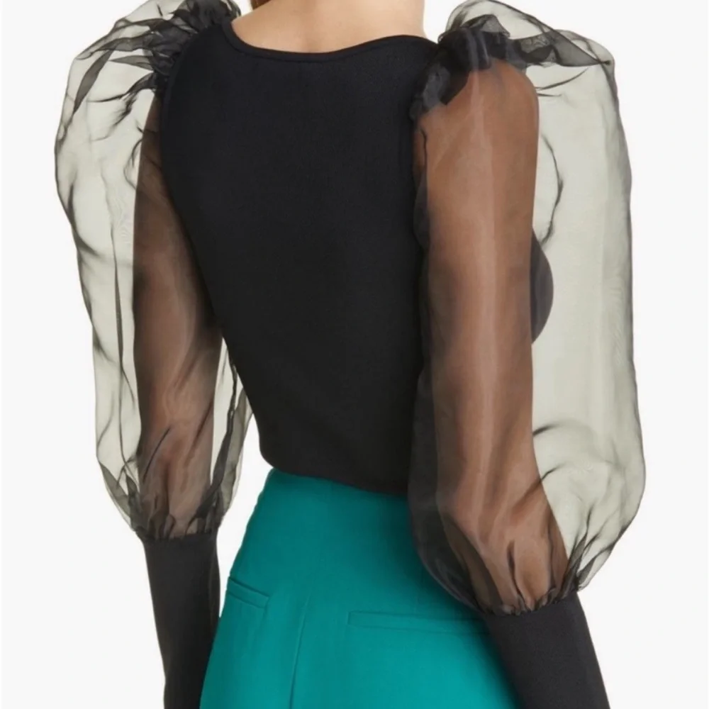 Alice and Olivia Abella Black Sheer Sleeve Puff Shoulder Long Sleeve Top - Picture 2 of 10